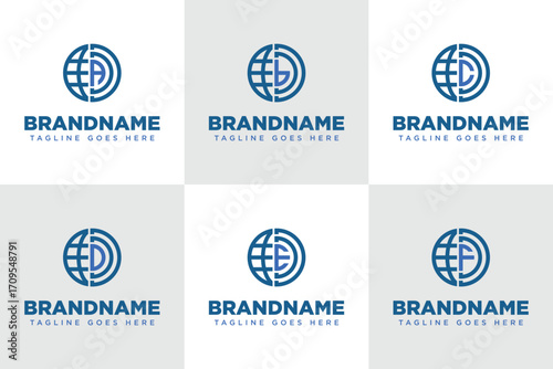 Letter A B C D E F Globe Logo Set, symbolizing global reach, unity, and connectivity