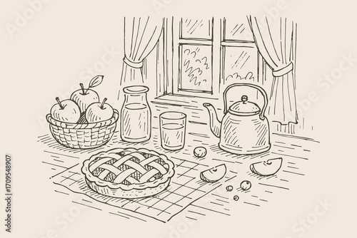 Apple pie still life ink sketch vector illustration