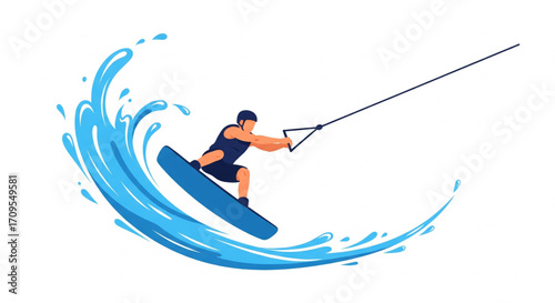 An illustration of a person wakeboarding, being pulled by a rope, creating a large water splash.