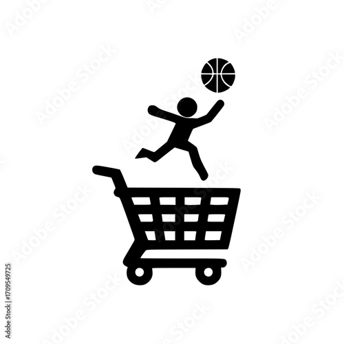 Shopping cart containing basketball player symbol showing active lifestyle and sports product