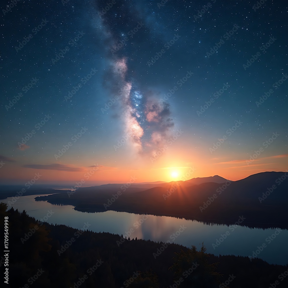 Fototapeta premium Majestic Milky Way Over Serene Lake at Golden Hour Sunset