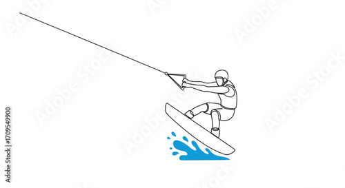 A single line drawing of a wakeboarder performing a trick over water.