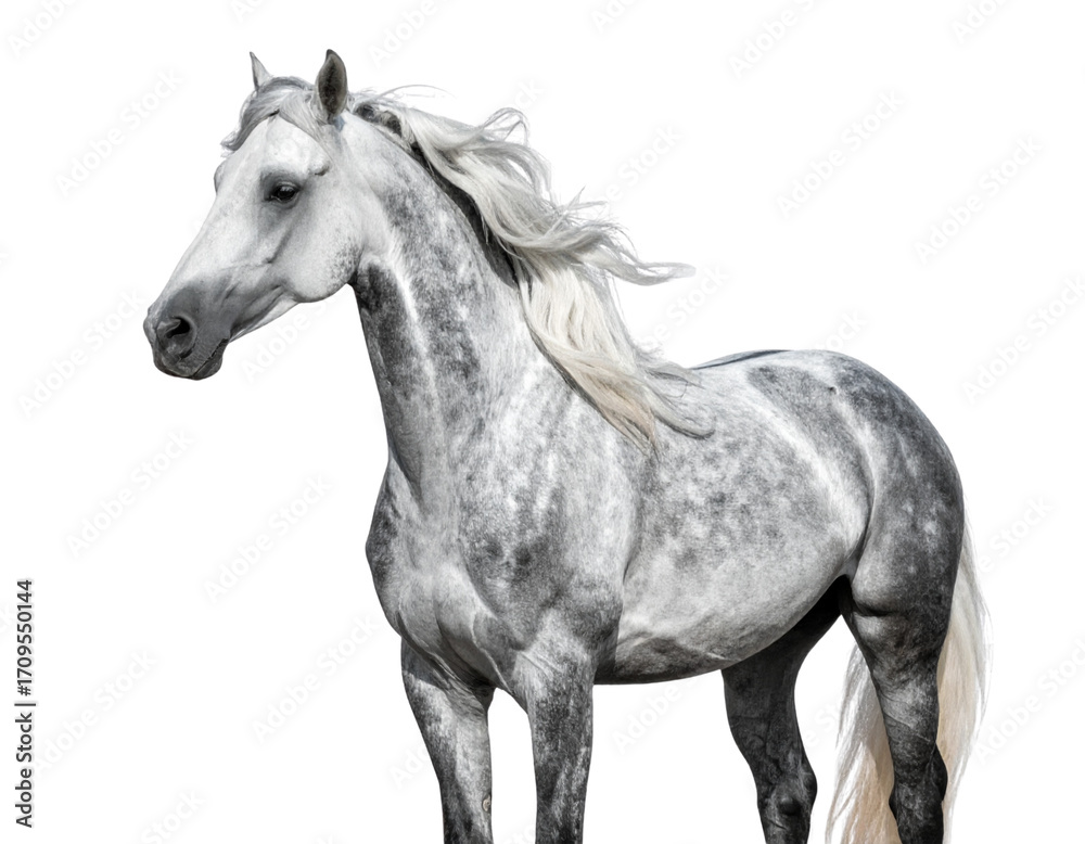Obraz premium Golden Croissant on White Plate, Side Profile View, isolated on transparent background.jpg - White Andalusian Horse with Raised Head and Flowing Mane, Angled View, isolated on transparent background