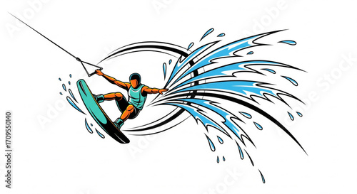 A wakeboarder executes a dynamic aerial maneuver, splashing water as he soars through the air, held by a tow rope.