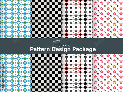 Mockup of 4 customizable repeatable patterns, red foliage motifs, Seamless Botanical Pattern Set with Abstract Flowers and Leaves