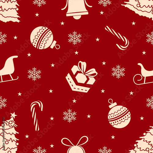Festive seamless Christmas pattern with gifts, ornaments, snowflakes, candy canes, and holiday decorations on red background. Perfect for wrapping paper, textiles, and seasonal projects.