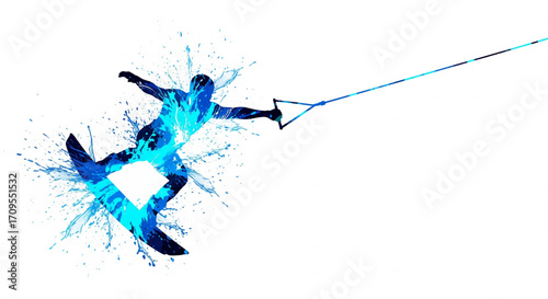 Silhouette of a person wakeboarding, creating splash, and holding a rope.