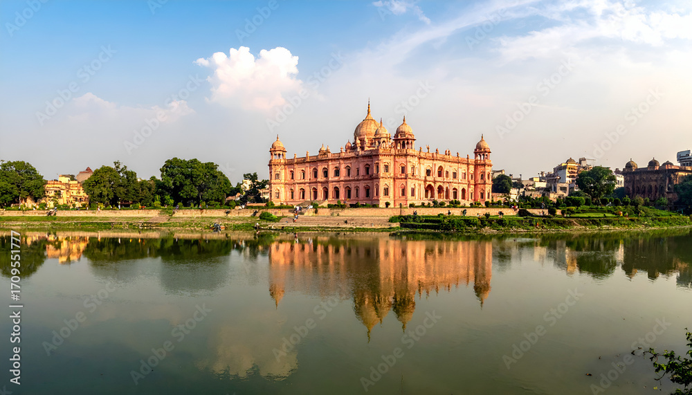Fototapeta premium Ahsan Manzil Pink Palace Reflected on Buriganga River