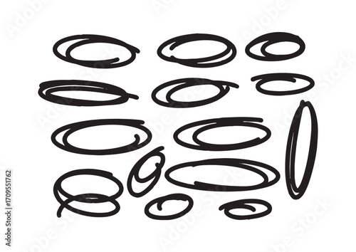 Set of hand-drawn scribble ellipses. Black ink doodles and marker circles isolated on white for design elements and emphasis