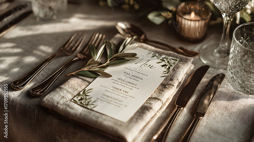 weekday wedding vibes Elegant table setting featuring a menu, decorative leaves, and stylish cutlery on a textured surface.