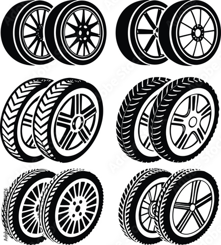 Six black and white illustrations of car wheels and tires
