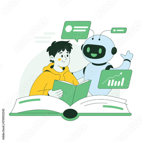 Student Learning with Robot Artificial Intelligence Education Vector Illustration