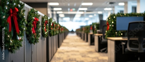 A festive office corridor decorated with evergreen wreaths and red bows, creating a cheerful holiday atmosphere in a contemporary workspace.