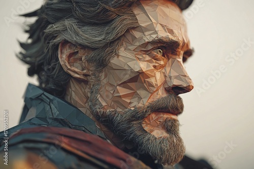 Portrait of a Heroic Figure in Low-Poly Style Against a Sunset Backdrop Generative AI