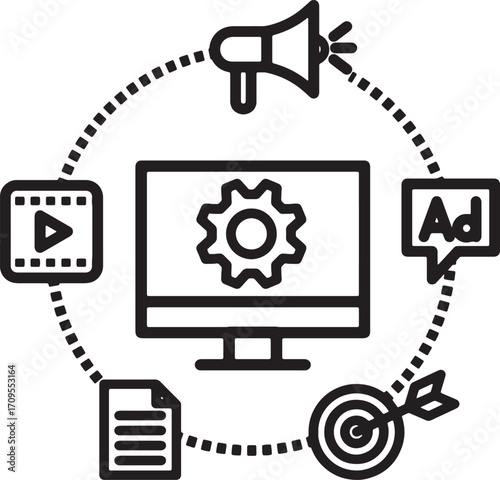 Digital Marketing Strategy Icon with Computer and Megaphone