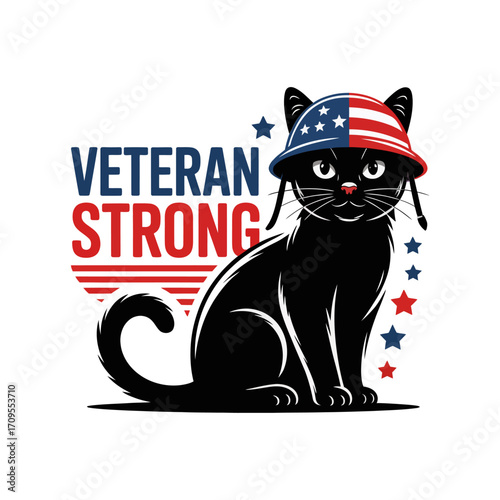 Veteran strong cat vector illustration, patriotic cartoon design, independence celebration art, festive holiday graphics, liberty themed veteran elements