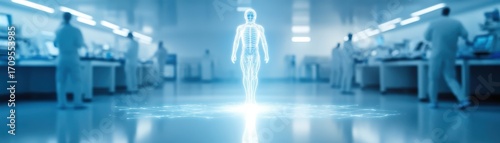A futuristic lab scene featuring a holographic human figure with scientists in white coats working on advanced technology.