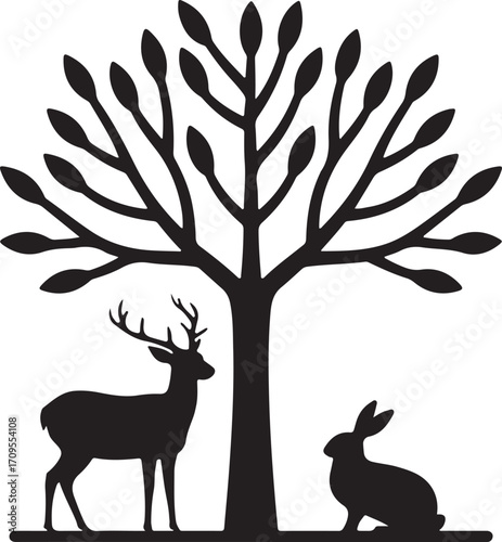 Forest Animals Silhouette with Stylized Tree