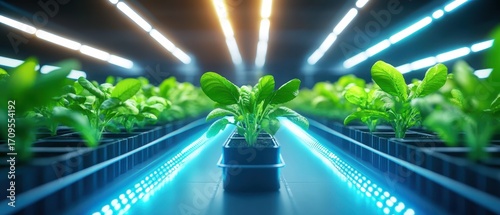 A vibrant indoor garden with rows of healthy plants illuminated by bright LED lights.