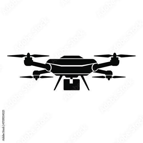 Silhouette of a quadcopter drone with a camera suspended below for aerial photography silhouette