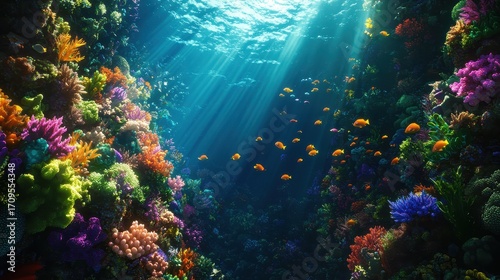 A vibrant underwater scene showcasing colorful coral reefs and schools of fish illuminated by sunlight filtering through the water.
