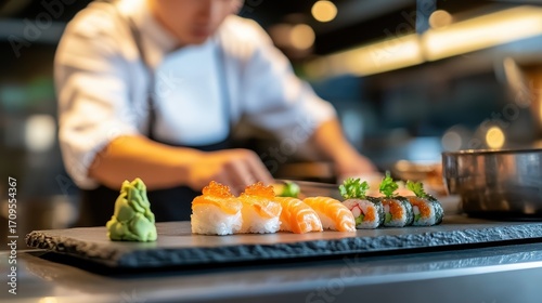 A chef prepares a beautiful platter of sushi, showcasing various types and vibrant colors against a sleek, modern kitchen backdrop.