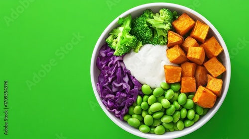 A vibrant bowl of healthy food featuring sweet potatoes, broccoli, purple cabbage, and edamame, served with a creamy dressing on a bright green background.