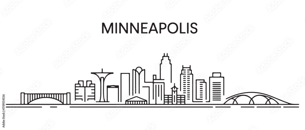 Fototapeta premium Minneapolis Line Art skyline. Travel Minneapolis famous landmarks. Business and tourism concept for presentation, banner, web site. with white background