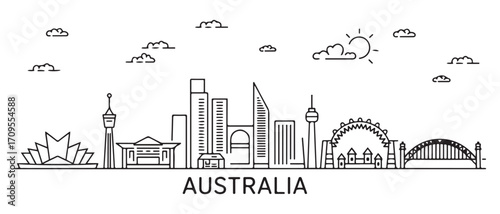 Australia Line Art skyline. Travel Australia famous landmarks. Business and tourism concept for presentation, banner, web site. with white background