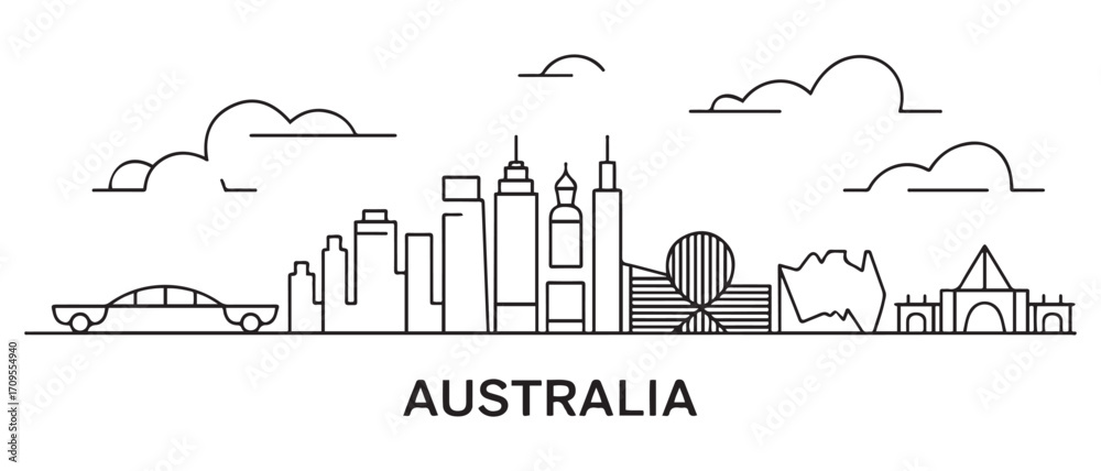 Obraz premium Australia Line Art skyline. Travel Australia famous landmarks. Business and tourism concept for presentation, banner, web site. with white background
