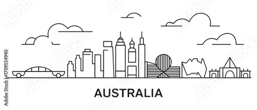 Australia Line Art skyline. Travel Australia famous landmarks. Business and tourism concept for presentation, banner, web site. with white background