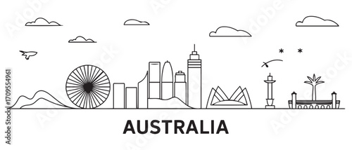 Australia Line Art skyline. Travel Australia famous landmarks. Business and tourism concept for presentation, banner, web site. with white background
