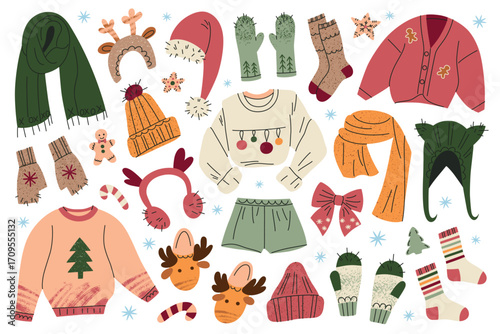Collection of flat cartoon winter clothing and Christmas accessories. Vector illustrations of scarves, hats, sweaters, mittens, slippers, socks, festive details. Cozy warm outfit design for holiday