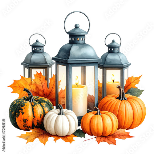 Three antique-style lanterns, autumnal pumpkins, and fallen leaves