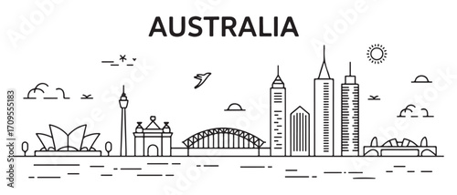 Australia Line Art skyline. Travel Australia famous landmarks. Business and tourism concept for presentation, banner, web site. with white background