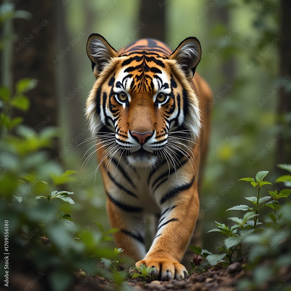 Obraz premium Majestic Orange Striped Tiger Walking Through Lush Green Forest