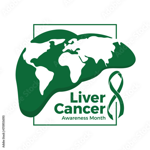 Liver cancer awareness month - Text and emerald green ribbon awareness in frame with liver symbol is abstact world texture vector design