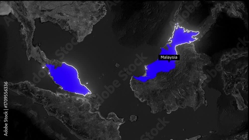 A map of malaysia highlighted in blue on a dark gray background with white outlines of the country
