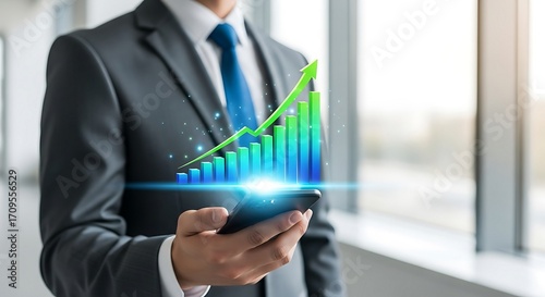 Businessman Holding Smartphone Showing Upward Trending Graph, Representing Growth, Success, and Financial Progress.