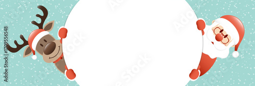 Rentier Und Weihnachtsmann Rundes Banner Außen Schnee Türkis