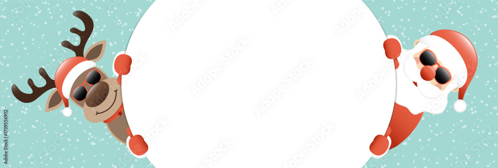 Fototapeta premium Rentier Und Weihnachtsmann Sonnenbrille Rundes Banner Außen Schnee Türkis