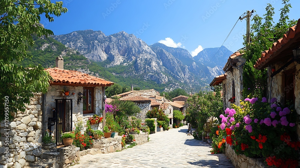Obraz premium stone village nestled amongst stunning mountains with vibrant flowers blooming along cobblestone street for showcasing idyllic summer scene peaceful travel landscape concept