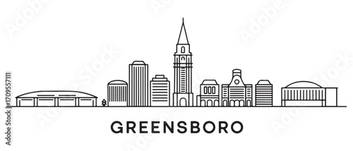 Greensboro Line Art skyline horizontal banner. Greensboro, North Carolina. Vector template for your design. with white background