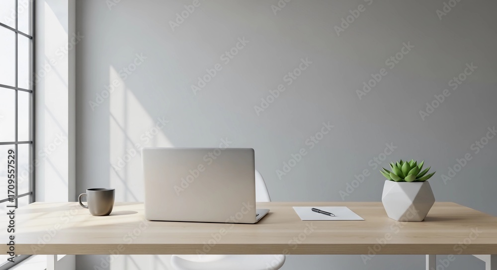 Fototapeta premium Minimalist modern workspace with laptop on wooden desk and natural light