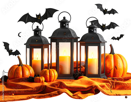Halloween lantern display with pumpkins and bats