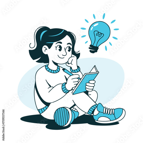 Creative Vector Illustration of Woman Working on Laptop with Music and Light Bulb Idea Concept