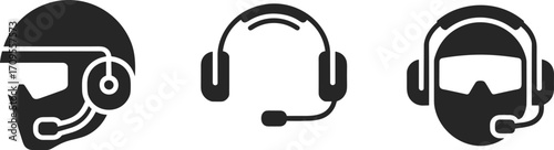 Communication headset and helmet icons, tactical gear, microphone, ear protection, black silhouette symbols for aviation, military, emergency, and professional equipment illustration