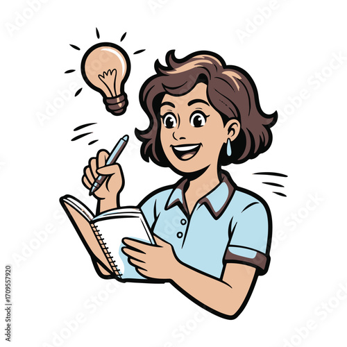 Creative Vector Illustration of Woman Working on Laptop with Music and Light Bulb Idea Concept