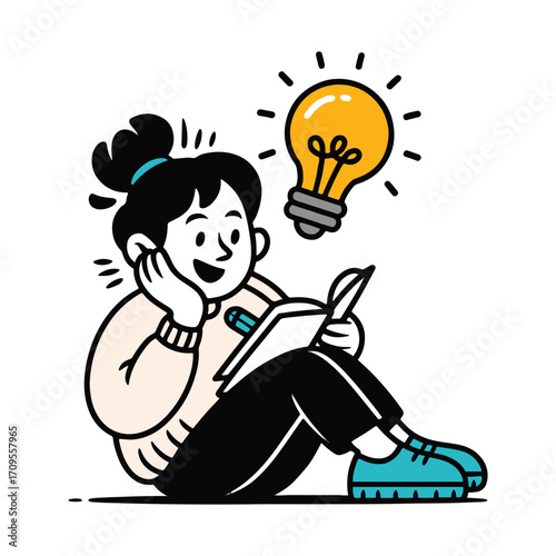 Creative Vector Illustration of Woman Working on Laptop with Music and Light Bulb Idea Concept