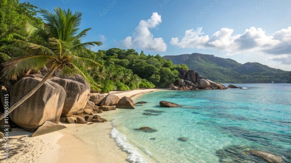 Fototapeta premium Tropical beach paradise island ocean sea sand palm trees vacation travel destination getaway tourism resort